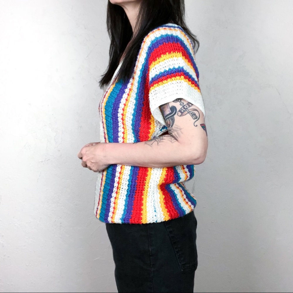 Vintage 1970s Open Knit V-Neck Striped Sweater - Picture 3 of 5